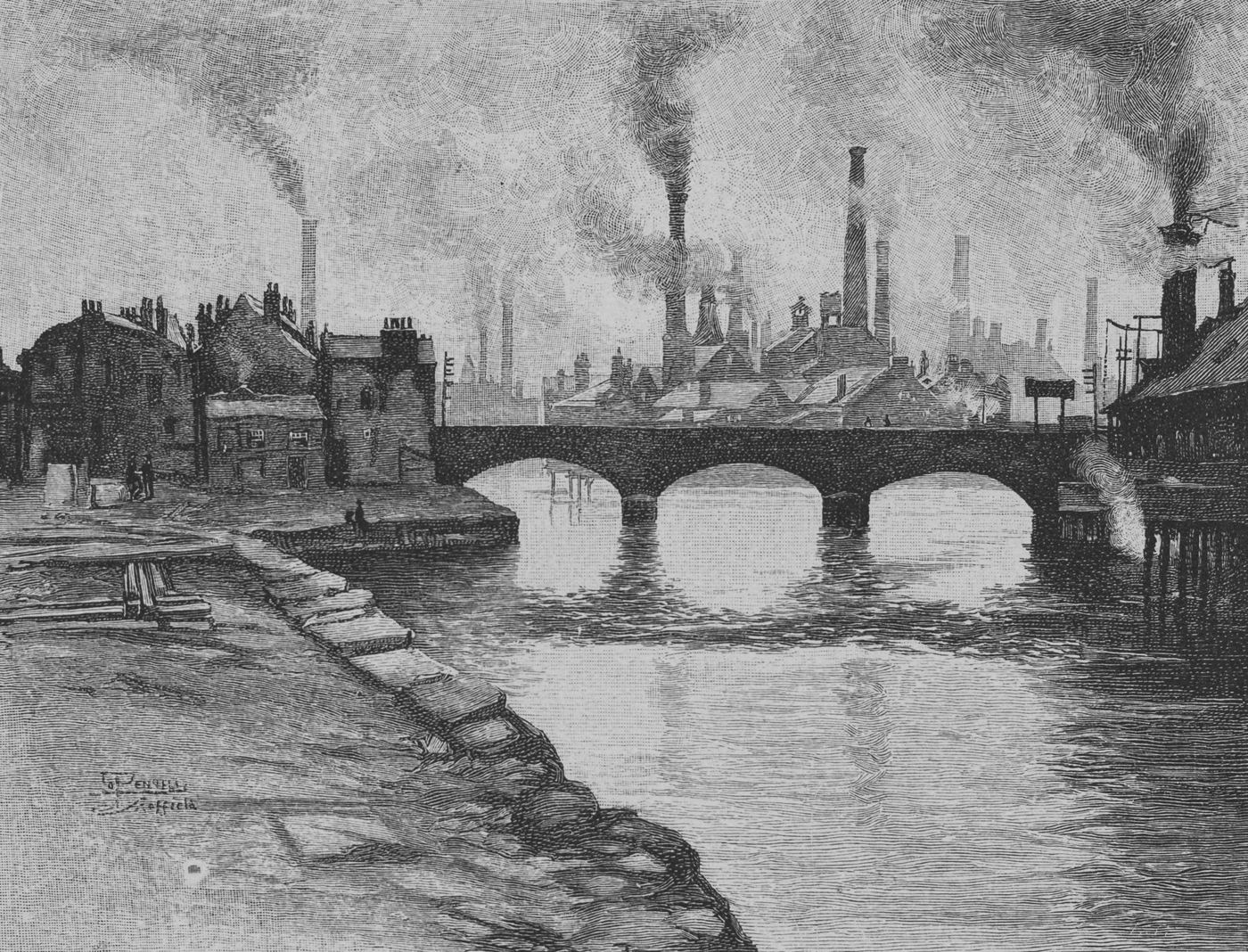 Holzstich: Industriestadt Sheffield an einem Fluss, eine steinerne Br&uuml;cke, dahinter zahlreiche rauchende Fabrikschornsteine