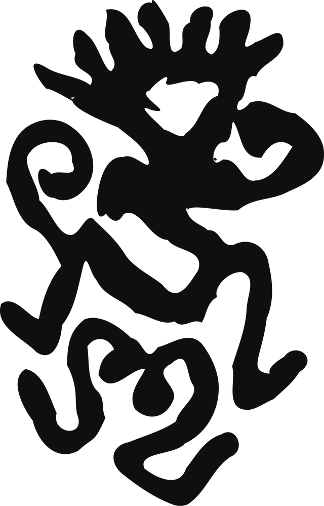 Schwarze Silhouette einer tanzenden Gestalt mit strahlenf&ouml;rmigem Kopfschmuck und geschwungenen Gliedma&szlig;en